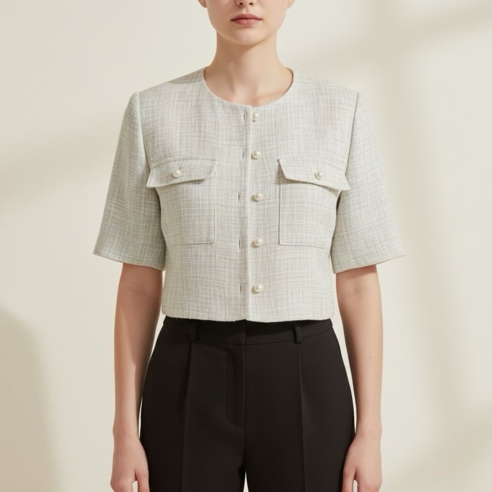 Love Bonito Women’s Short Sleeve Tweed Crop Top in Cream Sz 2